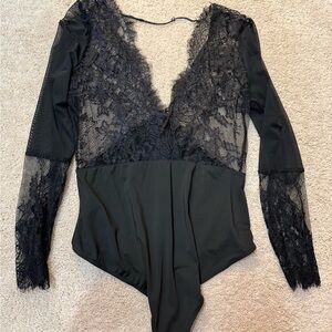 Black Lace Long-Sleeve V-Neck Bodysuit